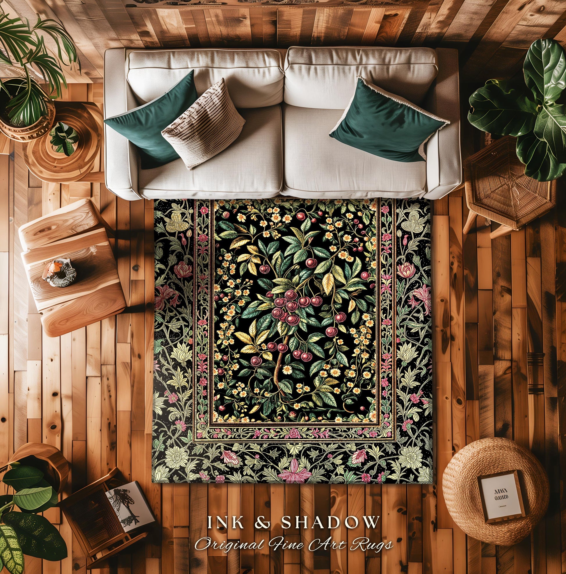 Gothic Elegance Cherry Accent Rug | Victorian Cottagecore Decor Baroque Floral Style Gothic Garden Area Rug Romantic Dark Aesthetic Ethereal