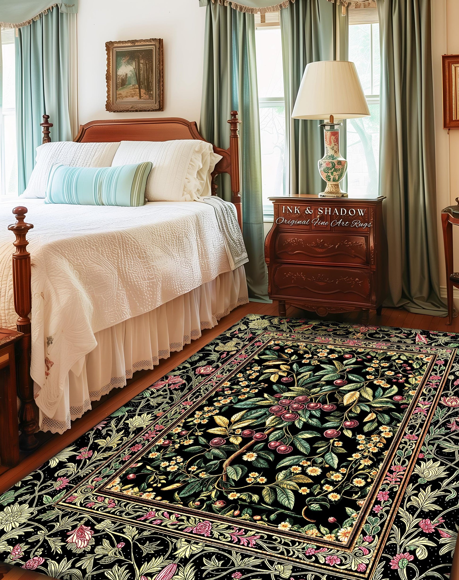 Gothic Elegance Cherry Accent Rug | Victorian Cottagecore Decor Baroque Floral Style Gothic Garden Area Rug Romantic Dark Aesthetic Ethereal
