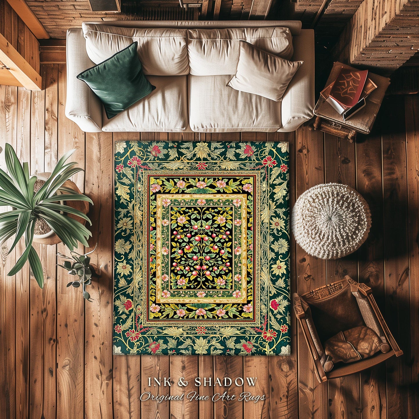 Botanical Abundance Gothic Area Rug | Baroque Rococo Garden Design Romantic Floral Accent Romantic Dark Cottagecore Vintage Botanical Decor
