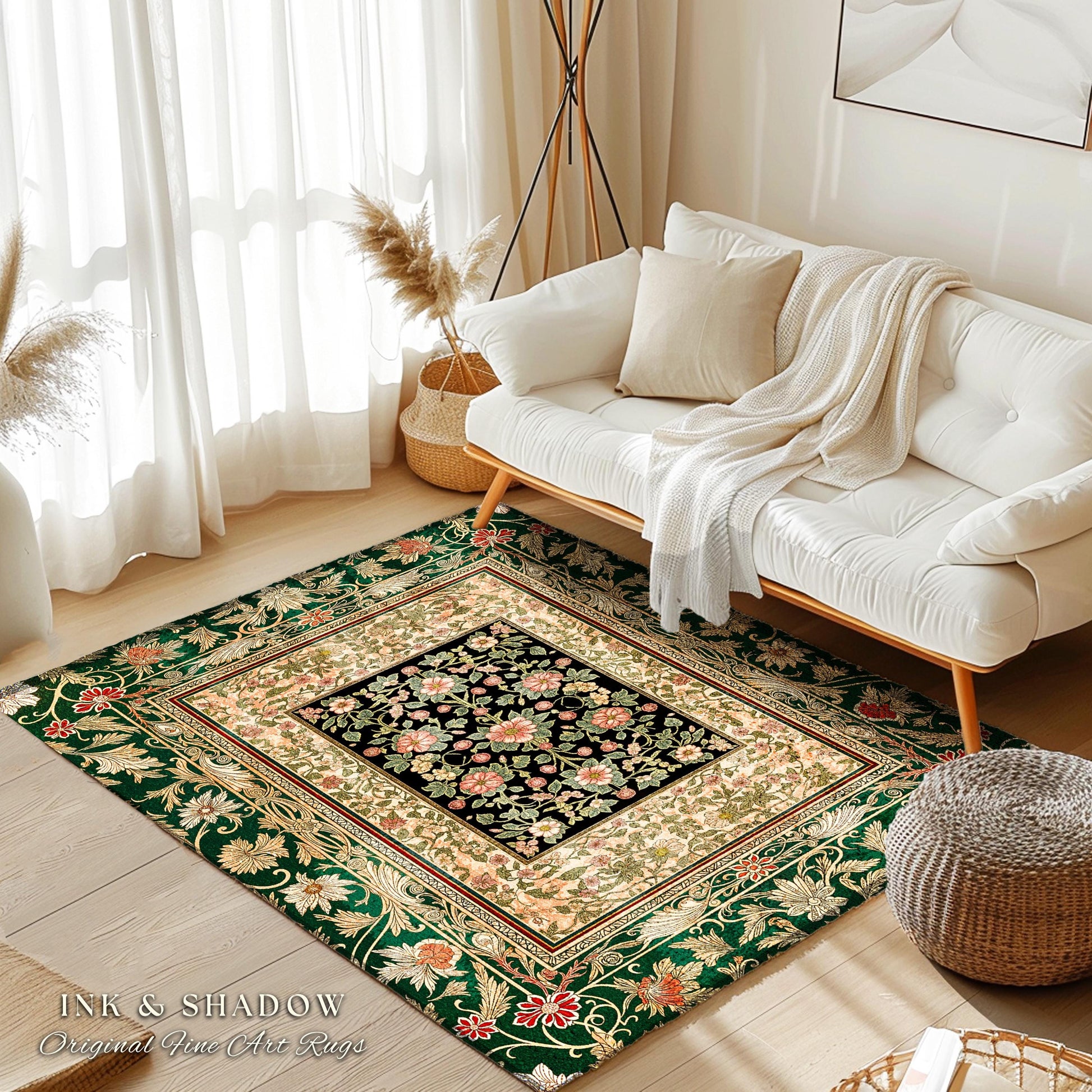 Victorian Garden Floral Area Rug | Romantic Rococo Botanical Accent Baroque Bloom Pattern Heritage Decor Cottagecore Jewel Toned Interior