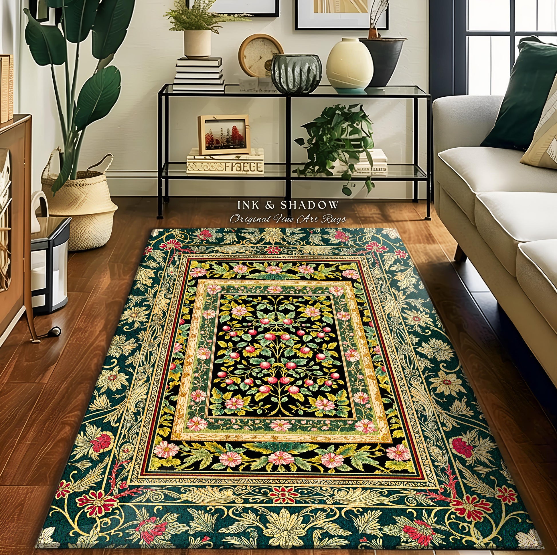 Botanical Abundance Gothic Area Rug | Baroque Rococo Garden Design Romantic Floral Accent Romantic Dark Cottagecore Vintage Botanical Decor
