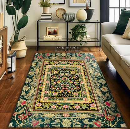 Botanical Abundance Gothic Area Rug | Baroque Rococo Garden Design Romantic Floral Accent Romantic Dark Cottagecore Vintage Botanical Decor