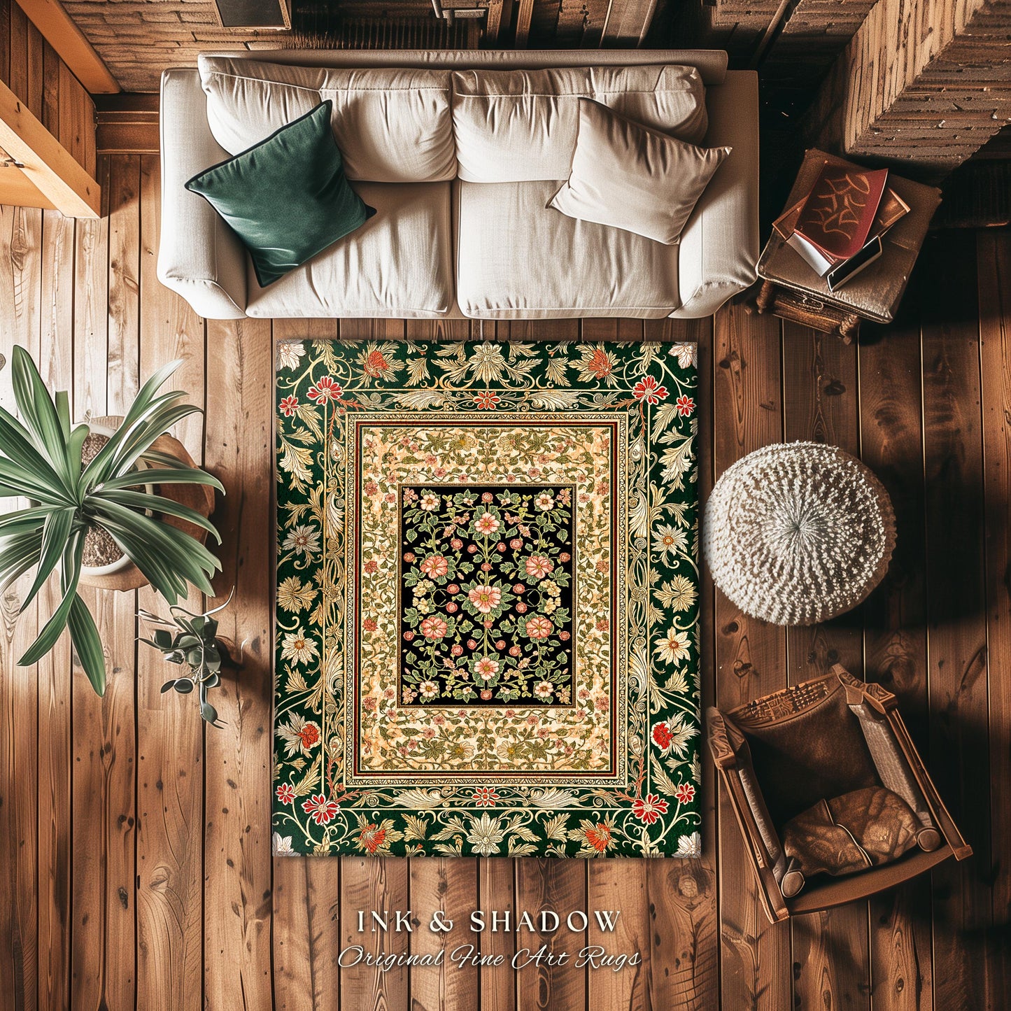 Victorian Garden Floral Area Rug | Romantic Rococo Botanical Accent Baroque Bloom Pattern Heritage Decor Cottagecore Jewel Toned Interior