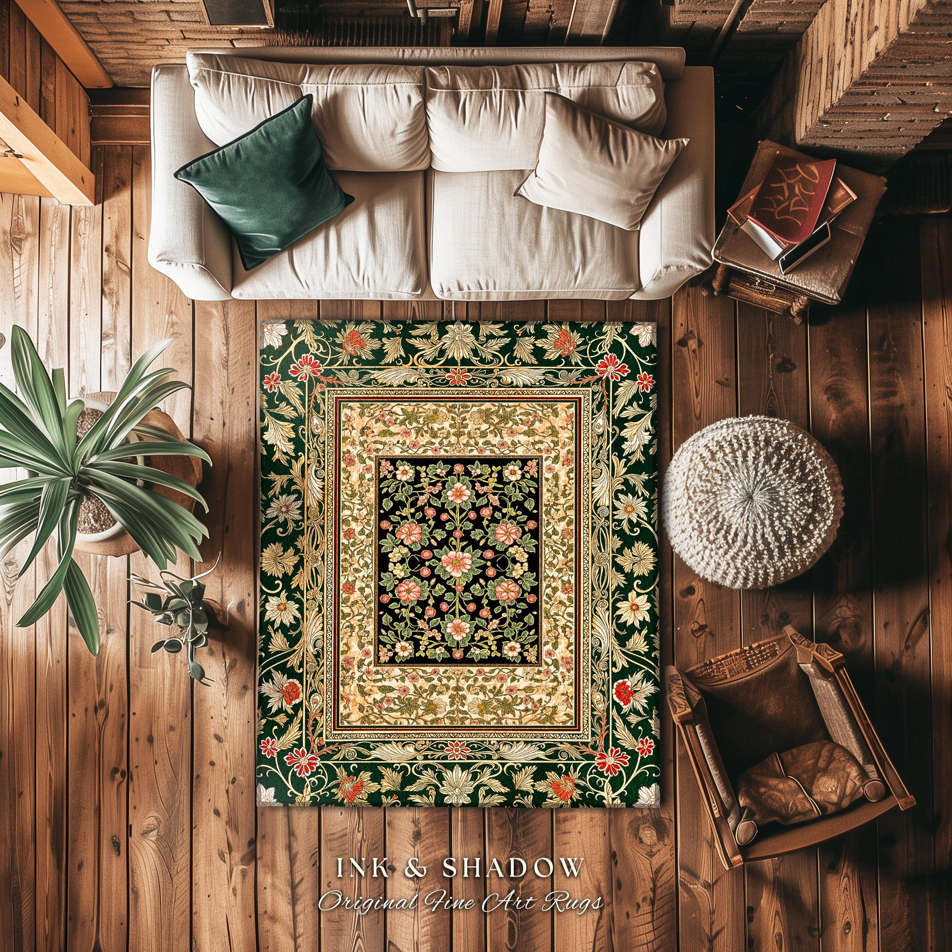 Victorian Garden Floral Area Rug | Romantic Rococo Botanical Accent Baroque Bloom Pattern Heritage Decor Cottagecore Jewel Toned Interior