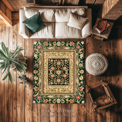 Victorian Garden Floral Area Rug | Romantic Rococo Botanical Accent Baroque Bloom Pattern Heritage Decor Cottagecore Jewel Toned Interior