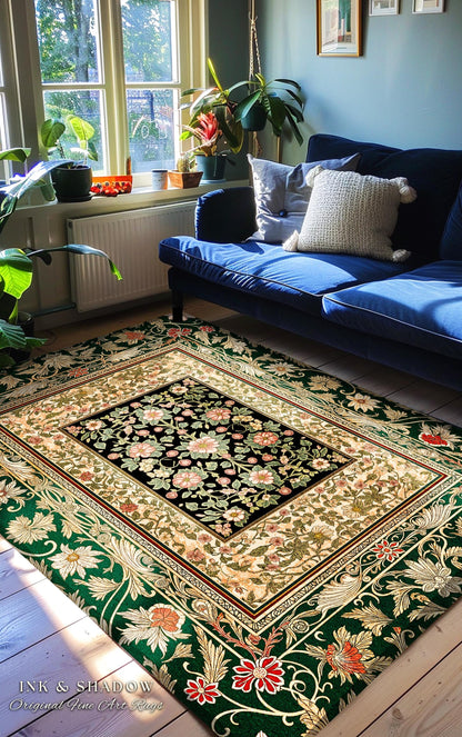 Victorian Garden Floral Area Rug | Romantic Rococo Botanical Accent Baroque Bloom Pattern Heritage Decor Cottagecore Jewel Toned Interior