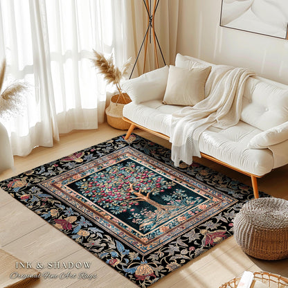 Medieval Cherry Tree of Life Area Rug | Baroque Botanical Pattern Romantic Gothic Style Vintage Garden Fruit Accent Maximalist Home Decor