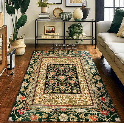 Victorian Garden Floral Area Rug | Romantic Rococo Botanical Accent Baroque Bloom Pattern Heritage Decor Cottagecore Jewel Toned Interior