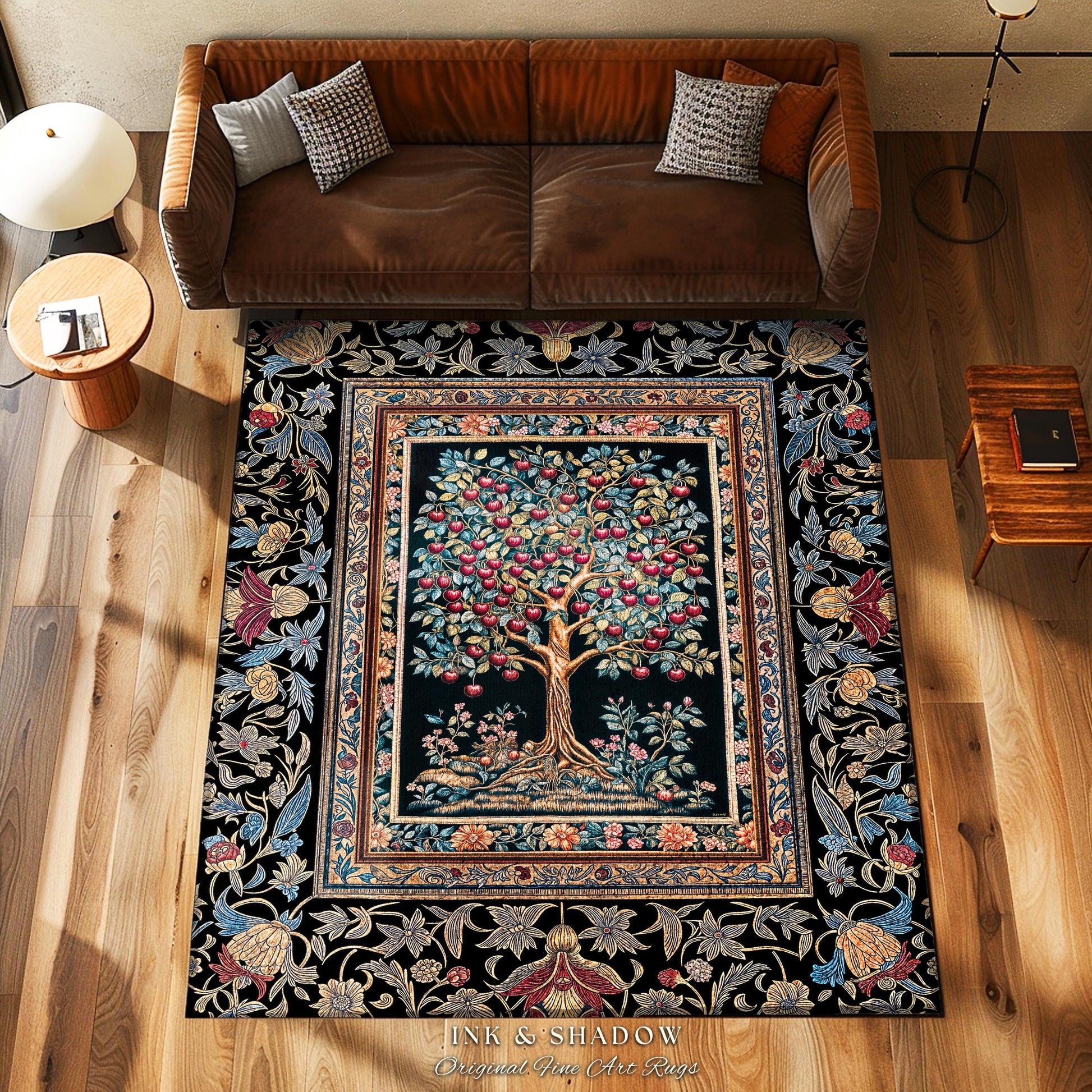 Medieval Cherry Tree of Life Area Rug | Baroque Botanical Pattern Romantic Gothic Style Vintage Garden Fruit Accent Maximalist Home Decor