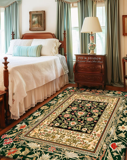 Victorian Garden Floral Area Rug | Romantic Rococo Botanical Accent Baroque Bloom Pattern Heritage Decor Cottagecore Jewel Toned Interior