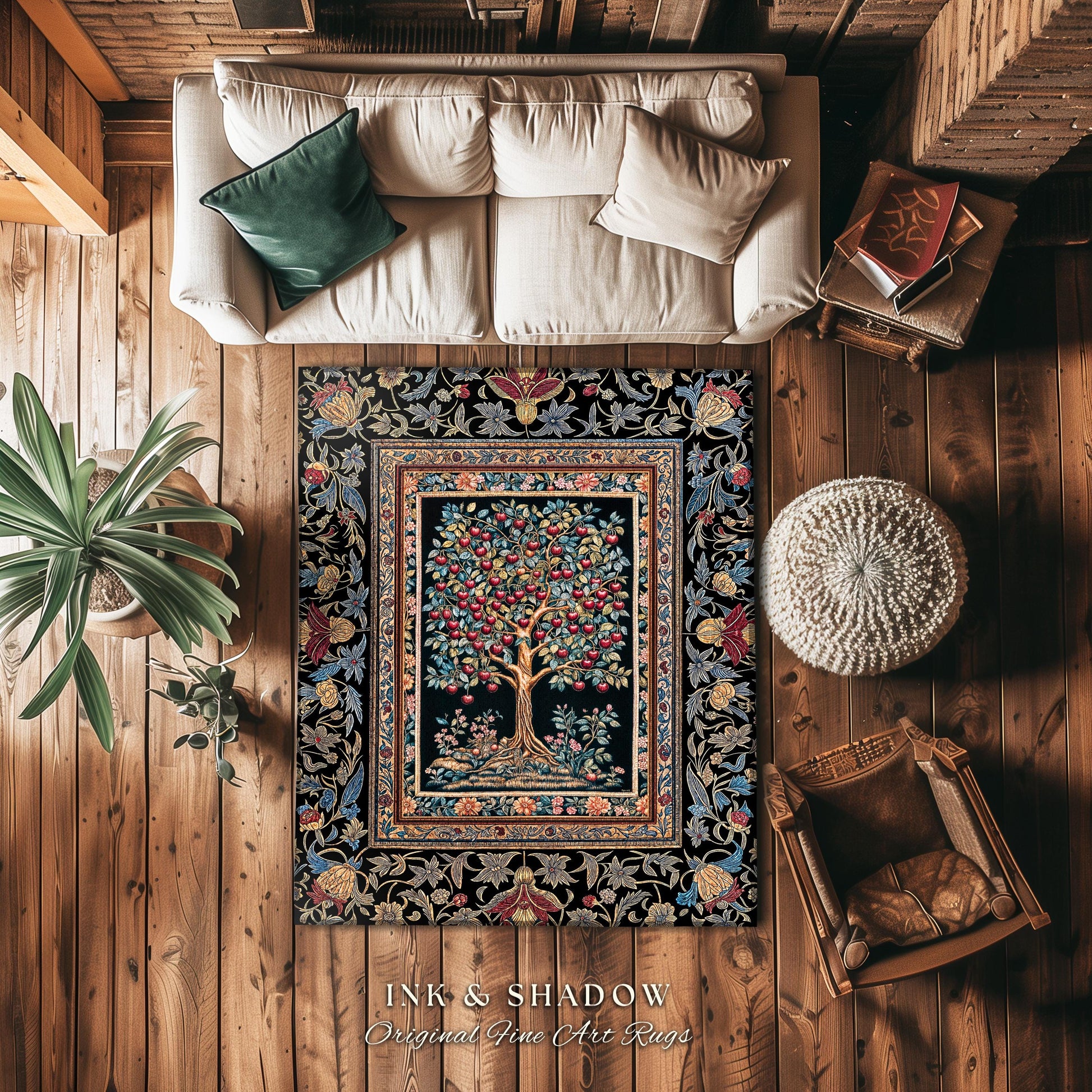 Medieval Cherry Tree of Life Area Rug | Baroque Botanical Pattern Romantic Gothic Style Vintage Garden Fruit Accent Maximalist Home Decor