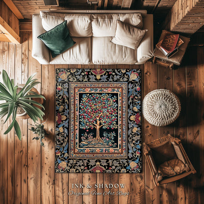 Medieval Cherry Tree of Life Area Rug | Baroque Botanical Pattern Romantic Gothic Style Vintage Garden Fruit Accent Maximalist Home Decor