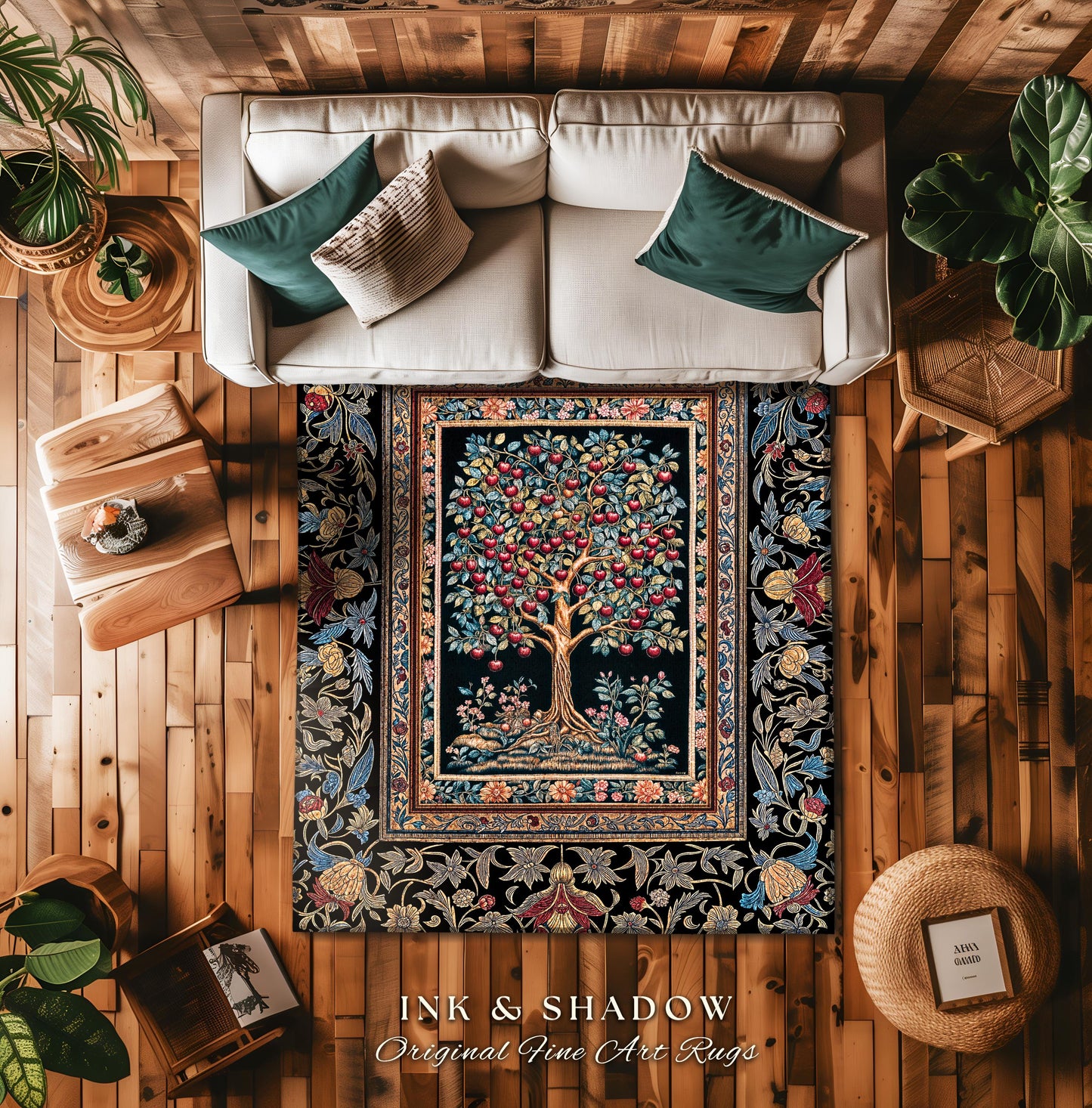 Medieval Cherry Tree of Life Area Rug | Baroque Botanical Pattern Romantic Gothic Style Vintage Garden Fruit Accent Maximalist Home Decor
