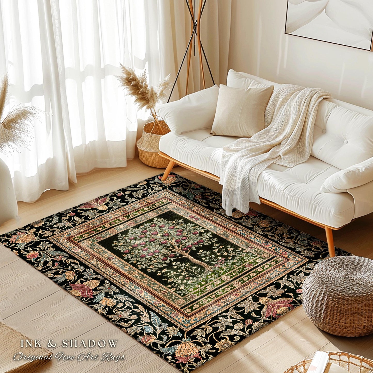 Rustic Garden Tree of Life Accent Rug | Medieval Floral Motif Gothic Botanical Decor Romantic Baroque Style Vintage Cherry Aesthetic Indie