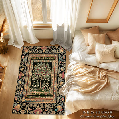 Rustic Garden Tree of Life Accent Rug | Medieval Floral Motif Gothic Botanical Decor Romantic Baroque Style Vintage Cherry Aesthetic Indie