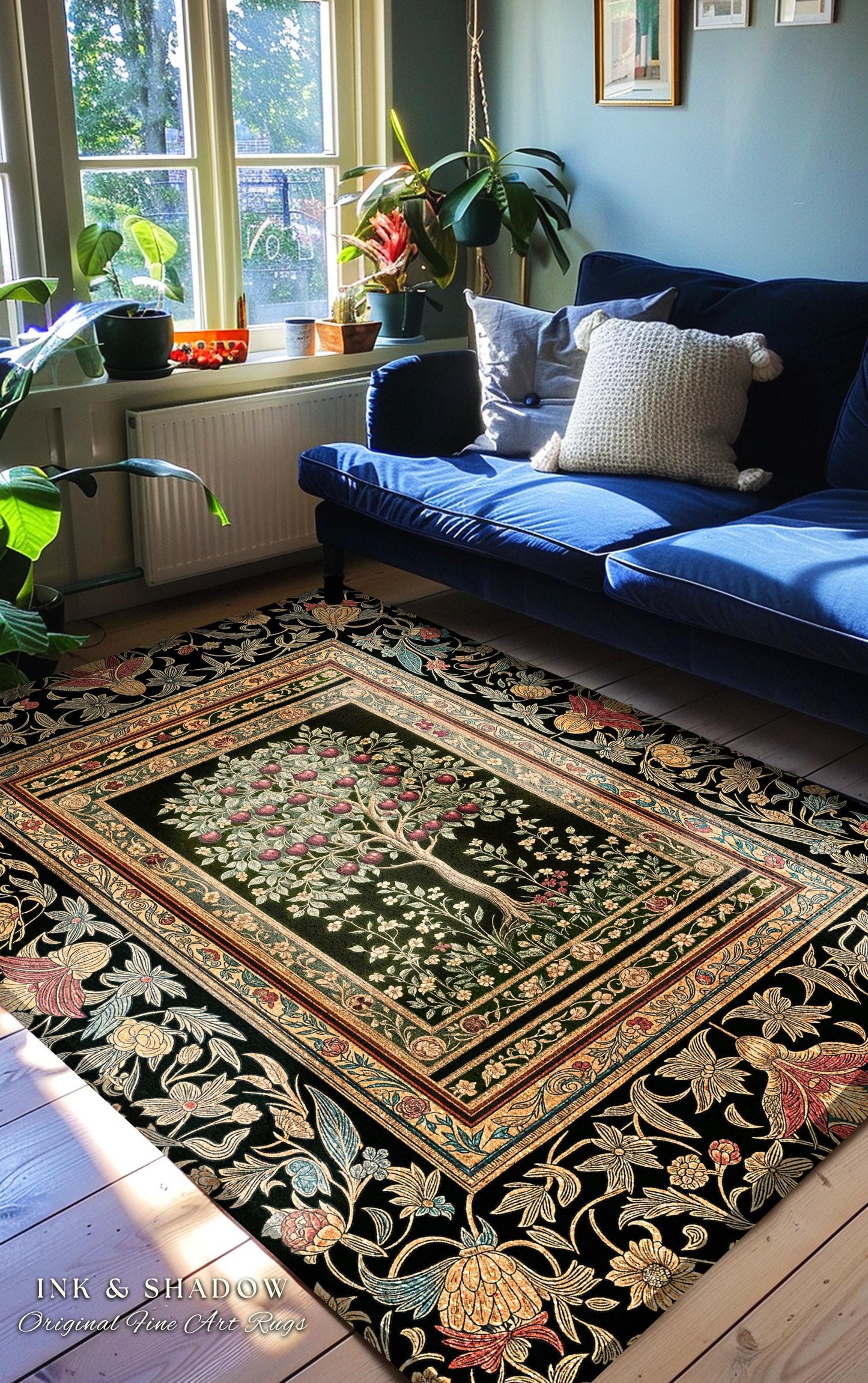Rustic Garden Tree of Life Accent Rug | Medieval Floral Motif Gothic Botanical Decor Romantic Baroque Style Vintage Cherry Aesthetic Indie