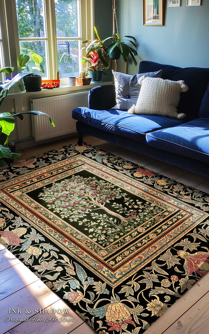 Rustic Garden Tree of Life Accent Rug | Medieval Floral Motif Gothic Botanical Decor Romantic Baroque Style Vintage Cherry Aesthetic Indie