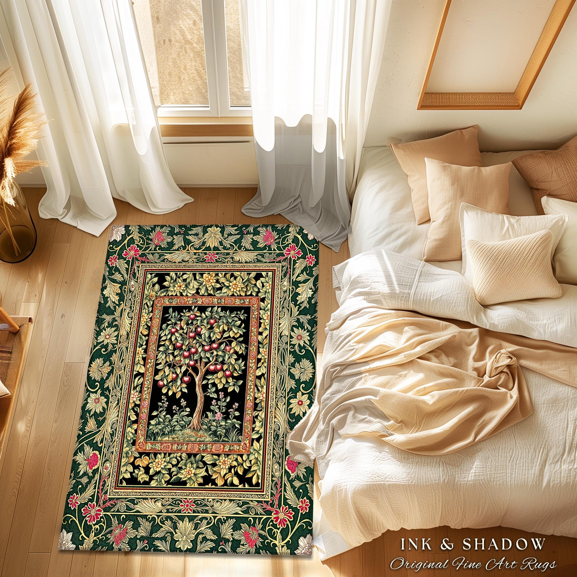 Storybook Gothic Cherry Tree Rug | Romantic Woodland Botanical Fruit Design Ornate Floral Tapestry Baroque Garden Accent Medieval Home Decor