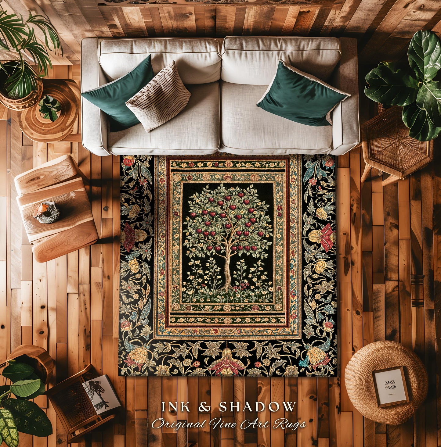 Rustic Garden Tree of Life Accent Rug | Medieval Floral Motif Gothic Botanical Decor Romantic Baroque Style Vintage Cherry Aesthetic Indie