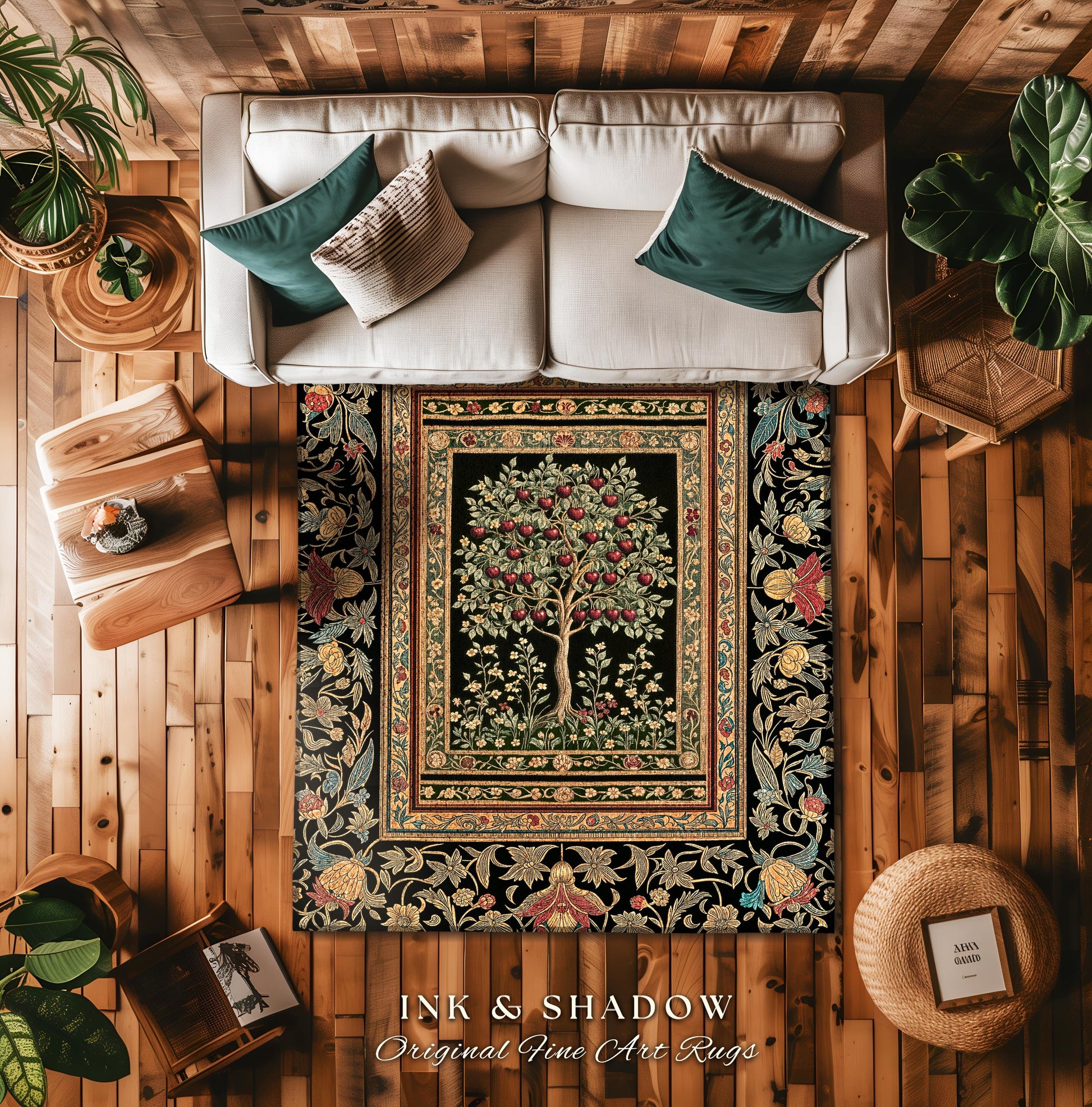 Rustic Garden Tree of Life Accent Rug | Medieval Floral Motif Gothic Botanical Decor Romantic Baroque Style Vintage Cherry Aesthetic Indie