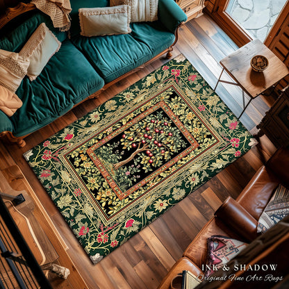 Storybook Gothic Cherry Tree Rug | Romantic Woodland Botanical Fruit Design Ornate Floral Tapestry Baroque Garden Accent Medieval Home Decor