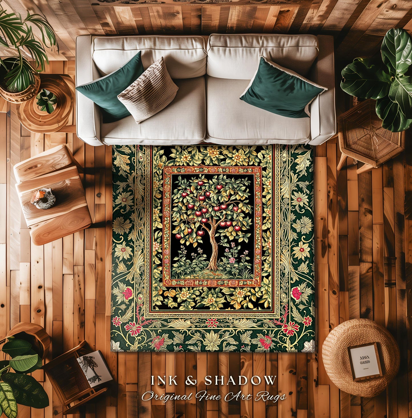 Storybook Gothic Cherry Tree Rug | Romantic Woodland Botanical Fruit Design Ornate Floral Tapestry Baroque Garden Accent Medieval Home Decor