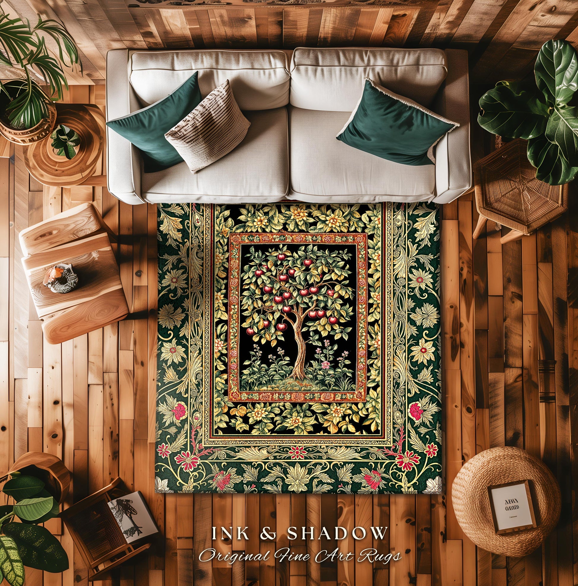 Storybook Gothic Cherry Tree Rug | Romantic Woodland Botanical Fruit Design Ornate Floral Tapestry Baroque Garden Accent Medieval Home Decor