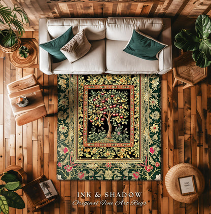 Storybook Gothic Cherry Tree Rug | Romantic Woodland Botanical Fruit Design Ornate Floral Tapestry Baroque Garden Accent Medieval Home Decor