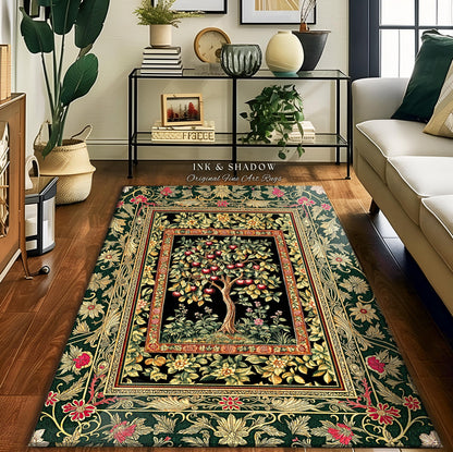 Storybook Gothic Cherry Tree Rug | Romantic Woodland Botanical Fruit Design Ornate Floral Tapestry Baroque Garden Accent Medieval Home Decor