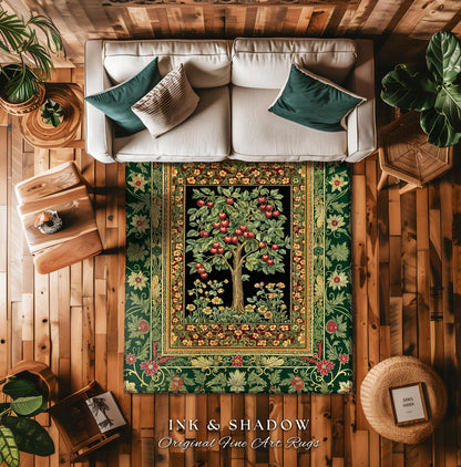 Woodland Folklore Tree of Life Area Rug | Romantic Botanical Decor Vintage Garden Baroque Floral Style Cottagecore Accent Classic Aesthetic