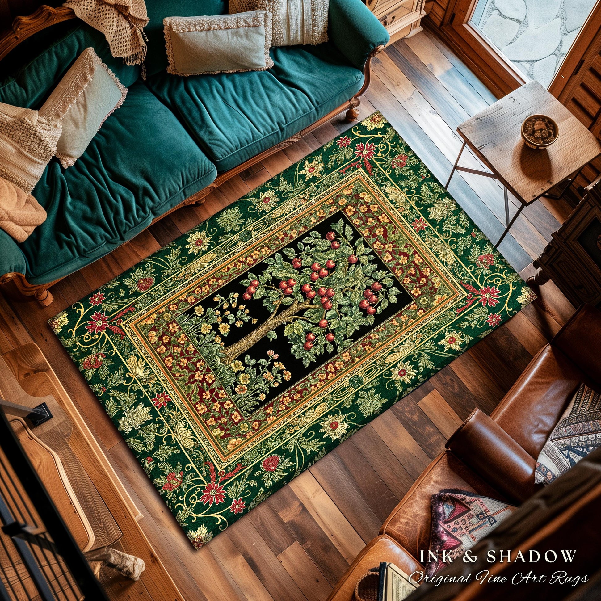 Woodland Folklore Tree of Life Area Rug | Romantic Botanical Decor Vintage Garden Baroque Floral Style Cottagecore Accent Classic Aesthetic