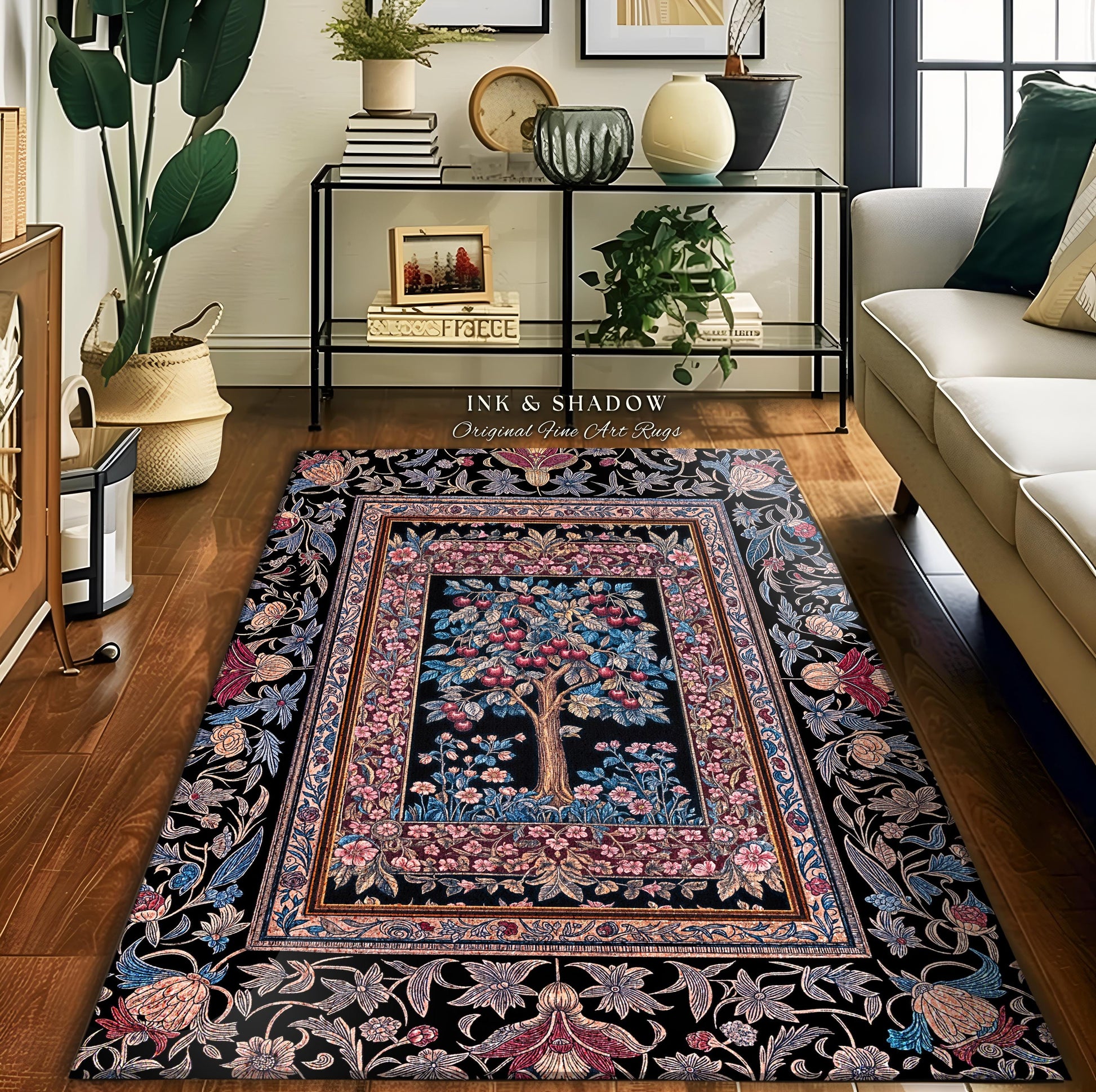 Mystical Dark Academia Tree of Life Area Rug | Moody Garden Jewel Tone Home Decor Baroque Botanical Style Dark Cottagecore Floral Accent |