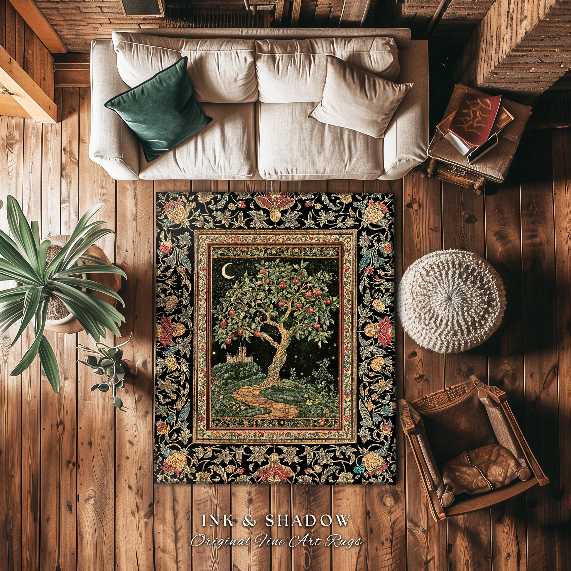 Moonlit Magic Whimsical Tree Area Rug | Celestial Forest Midnight Aesthetic Folklore Fairy Tale Decor Medieval Style Home Accent Celestial