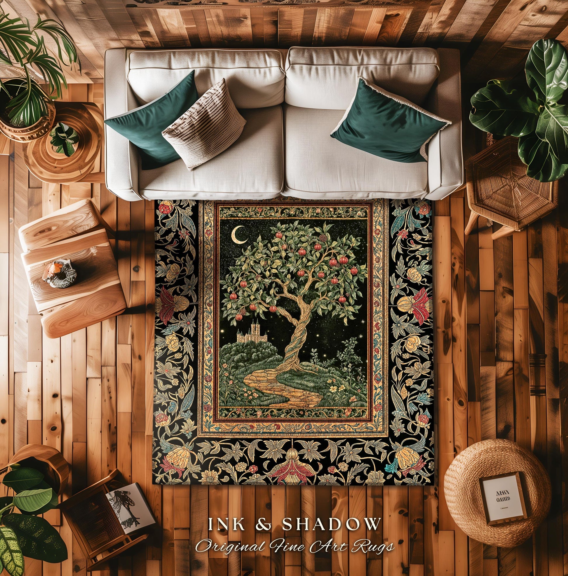 Moonlit Magic Whimsical Tree Area Rug | Celestial Forest Midnight Aesthetic Folklore Fairy Tale Decor Medieval Style Home Accent Celestial