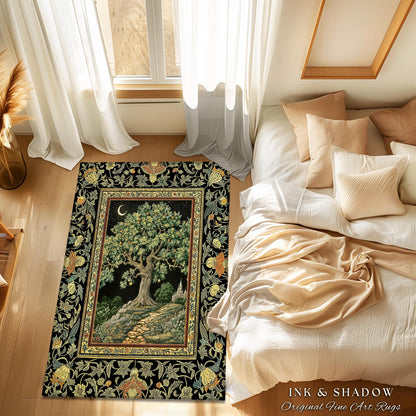 Emerald Aesthetic Folklore Area Rug | Celestial Tree of Life Moonlit Forest Enchanted Mystic Woodland Decor Dark Cottagecore Whimsical Decor