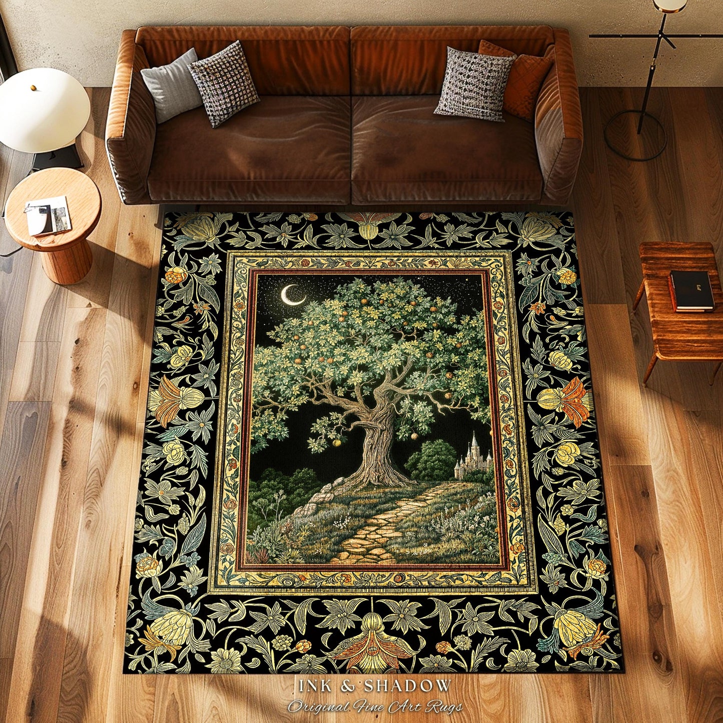 Emerald Aesthetic Folklore Area Rug | Celestial Tree of Life Moonlit Forest Enchanted Mystic Woodland Decor Dark Cottagecore Whimsical Decor