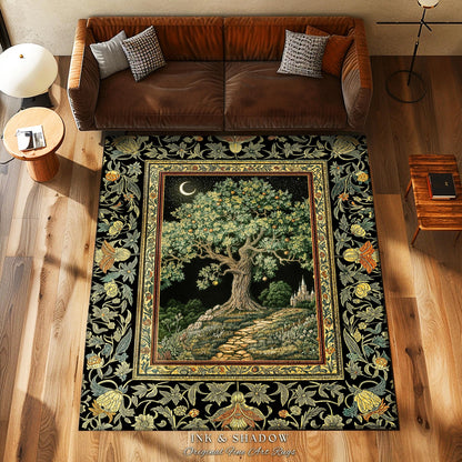Emerald Aesthetic Folklore Area Rug | Celestial Tree of Life Moonlit Forest Enchanted Mystic Woodland Decor Dark Cottagecore Whimsical Decor
