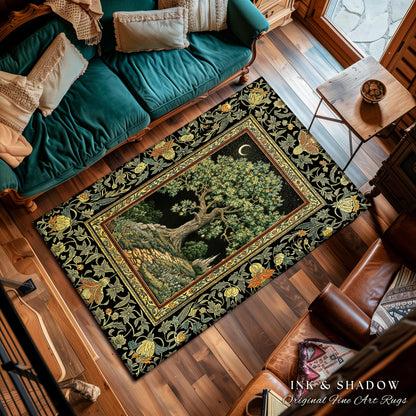 Emerald Aesthetic Folklore Area Rug | Celestial Tree of Life Moonlit Forest Enchanted Mystic Woodland Decor Dark Cottagecore Whimsical Decor