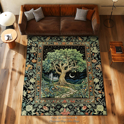 Fairytale Castle Tree of Life Area Rug | Celestial Forest Landscape Starry Sky Decor Witchy Home Aesthetic Mystical Cottagecore Accent Boho
