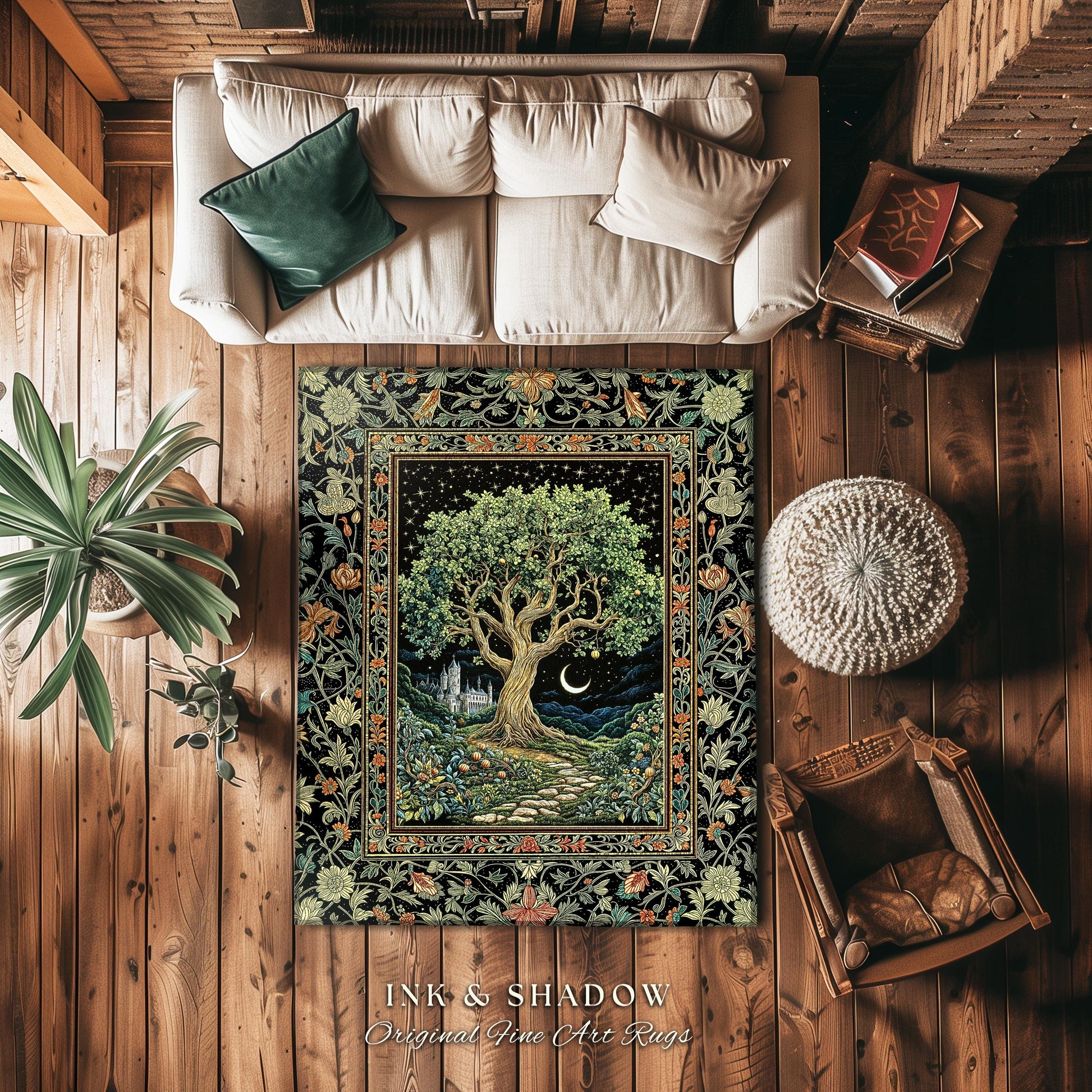 Fairytale Castle Tree of Life Area Rug | Celestial Forest Landscape Starry Sky Decor Witchy Home Aesthetic Mystical Cottagecore Accent Boho