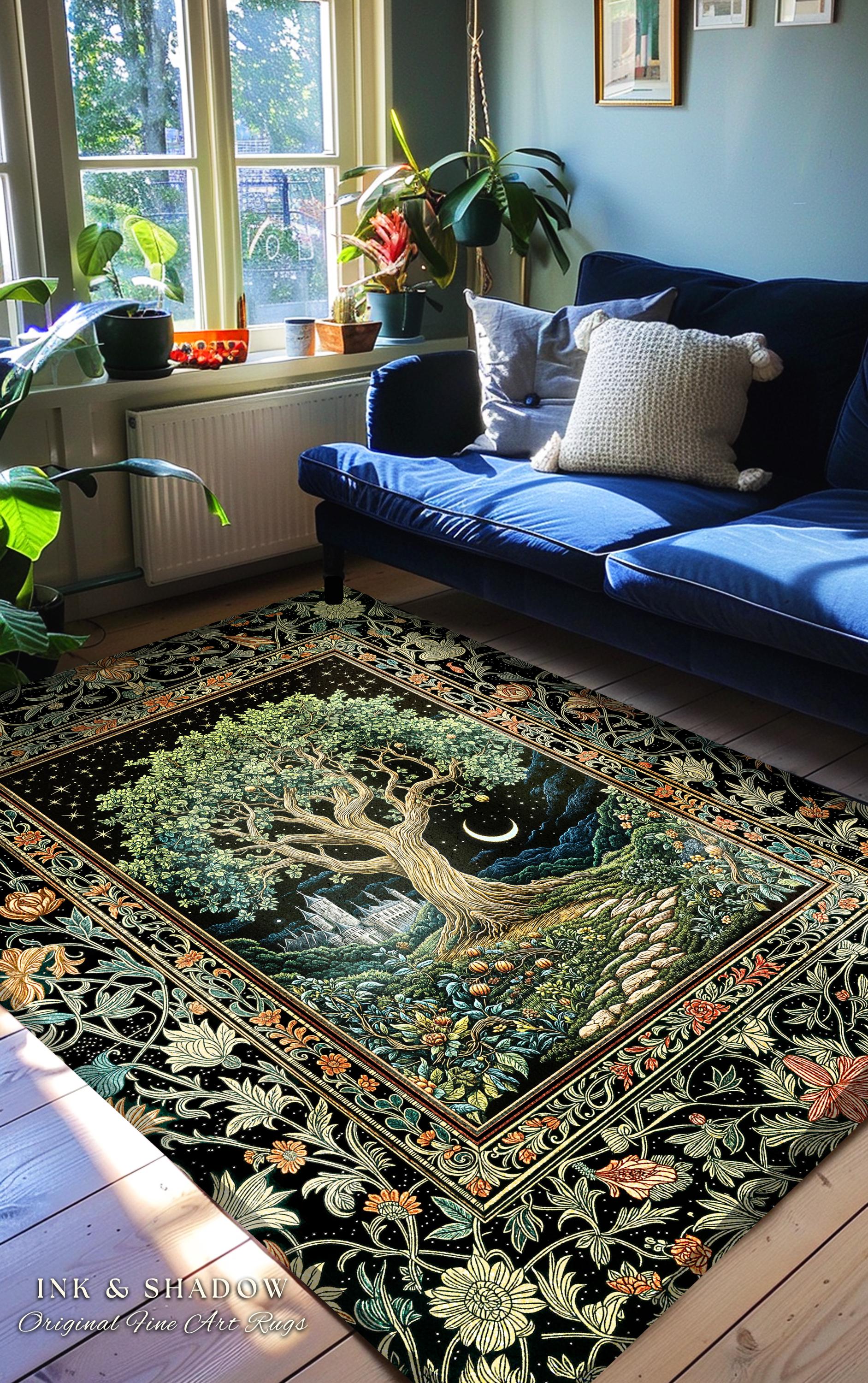 Fairytale Castle Tree of Life Area Rug | Celestial Forest Landscape Starry Sky Decor Witchy Home Aesthetic Mystical Cottagecore Accent Boho