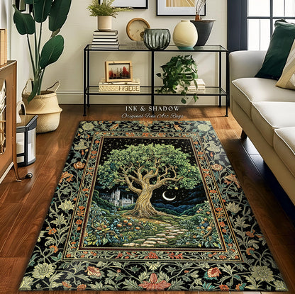 Fairytale Castle Tree of Life Area Rug | Celestial Forest Landscape Starry Sky Decor Witchy Home Aesthetic Mystical Cottagecore Accent Boho