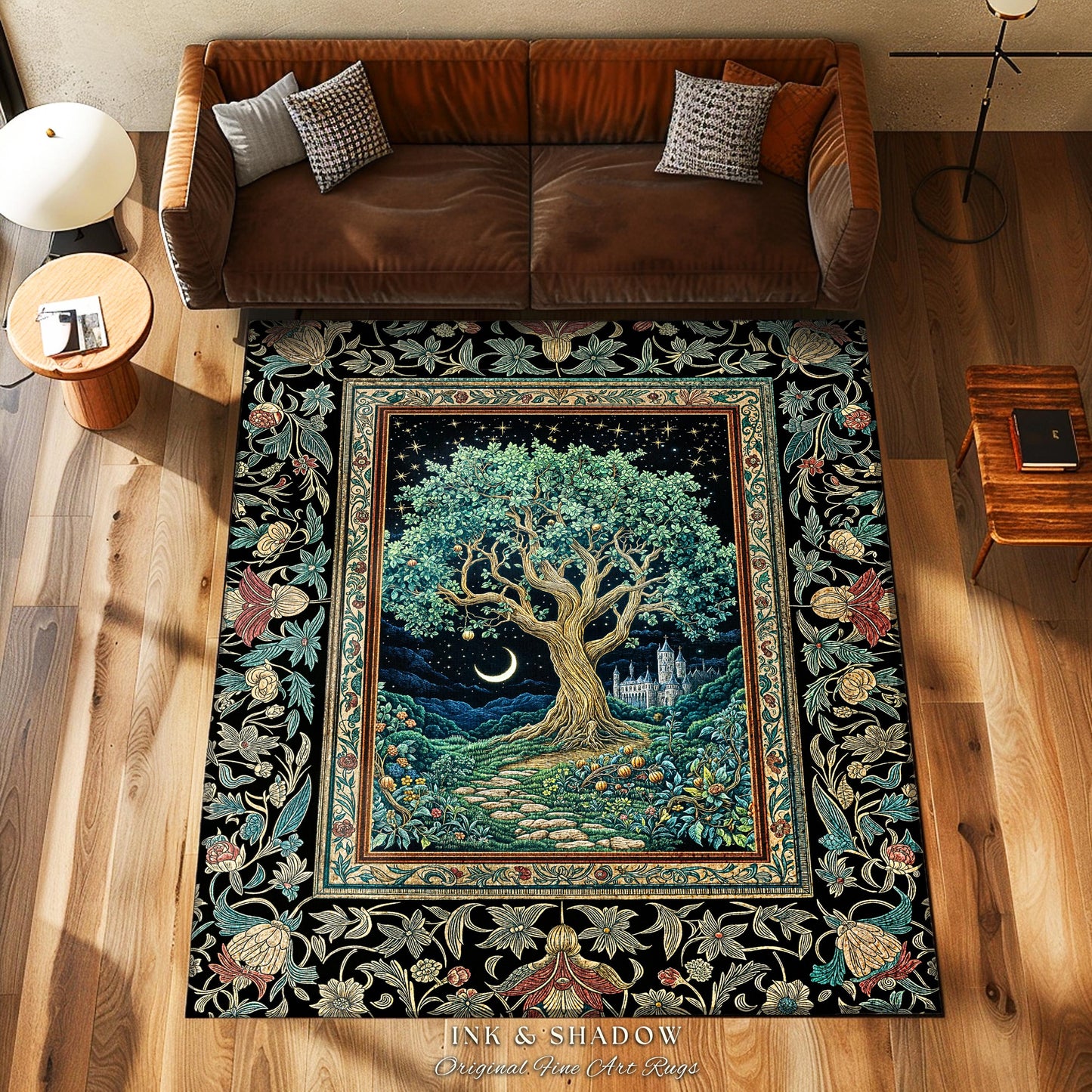 Fantasy Castle Tree of Life Area Rug | Celestial Moon Decor Star Garden Design Folklore Inspired Rug Enchanted Forest Medieval Home Style