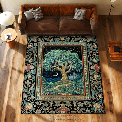 Fantasy Castle Tree of Life Area Rug | Celestial Moon Decor Star Garden Design Folklore Inspired Rug Enchanted Forest Medieval Home Style