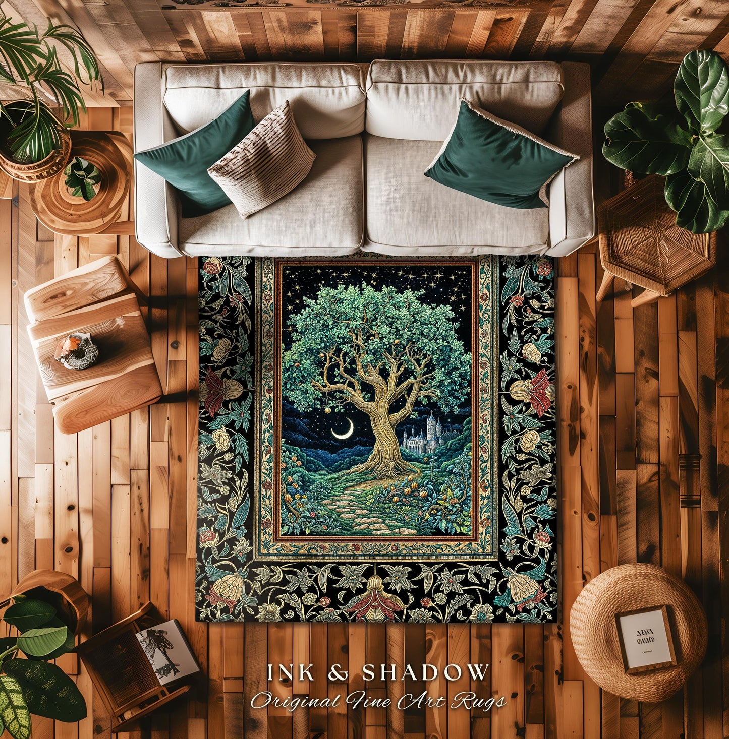 Fantasy Castle Tree of Life Area Rug | Celestial Moon Decor Star Garden Design Folklore Inspired Rug Enchanted Forest Medieval Home Style