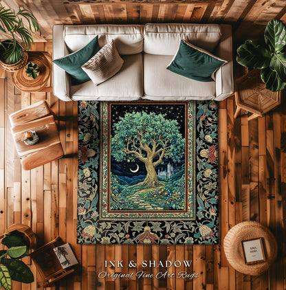 Fantasy Castle Tree of Life Area Rug | Celestial Moon Decor Star Garden Design Folklore Inspired Rug Enchanted Forest Medieval Home Style