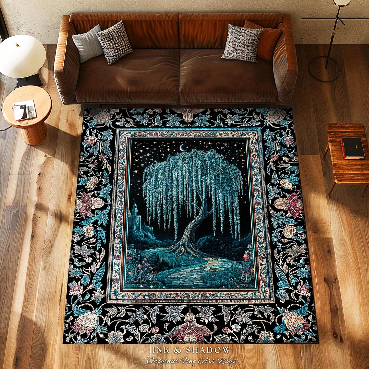 Mystic Weeping Willow Accent Rug | Moonlit Castle Moody Starry Night Woodland Folklore Fantasy Dark Academia Area Rug Decor Dreamy Style |