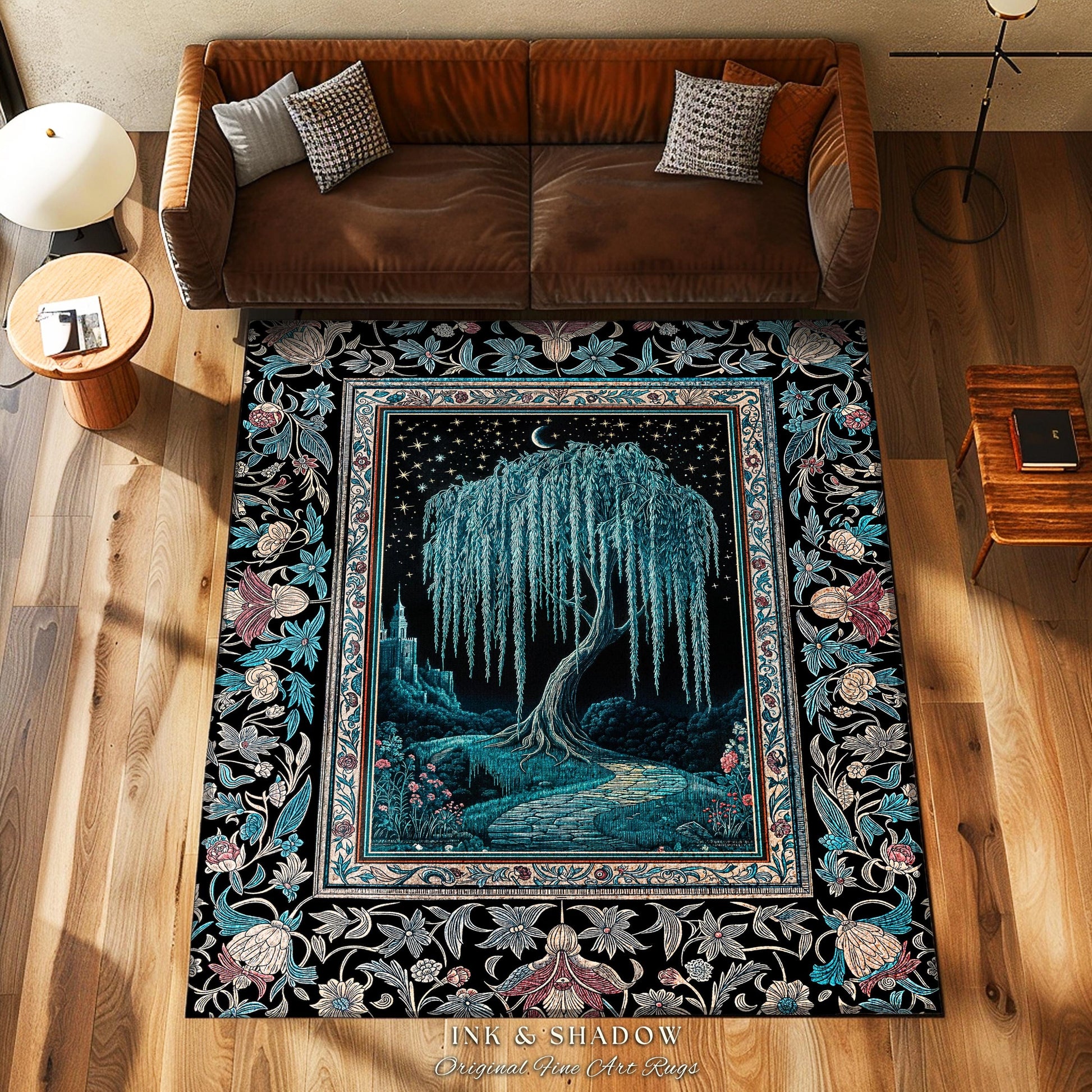 Mystic Weeping Willow Accent Rug | Moonlit Castle Moody Starry Night Woodland Folklore Fantasy Dark Academia Area Rug Decor Dreamy Style |
