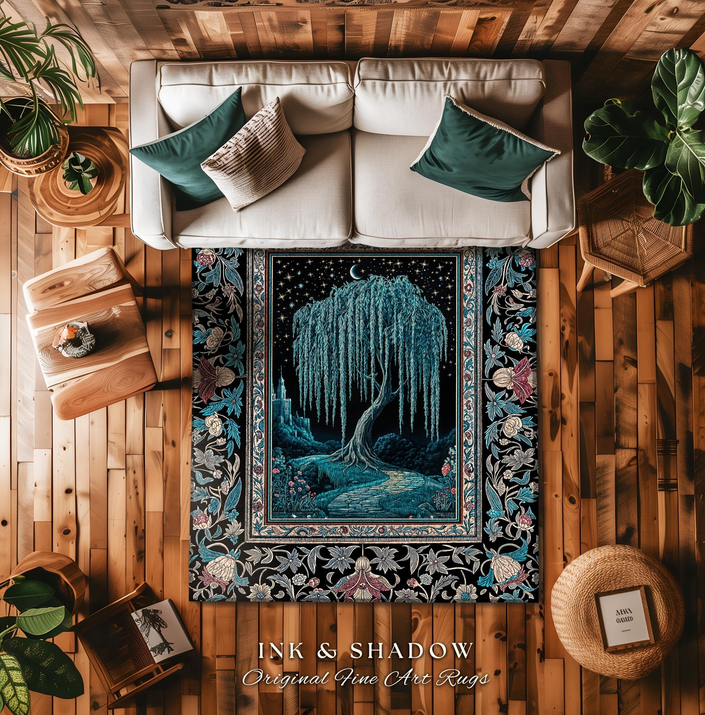Mystic Weeping Willow Accent Rug | Moonlit Castle Moody Starry Night Woodland Folklore Fantasy Dark Academia Area Rug Decor Dreamy Style |