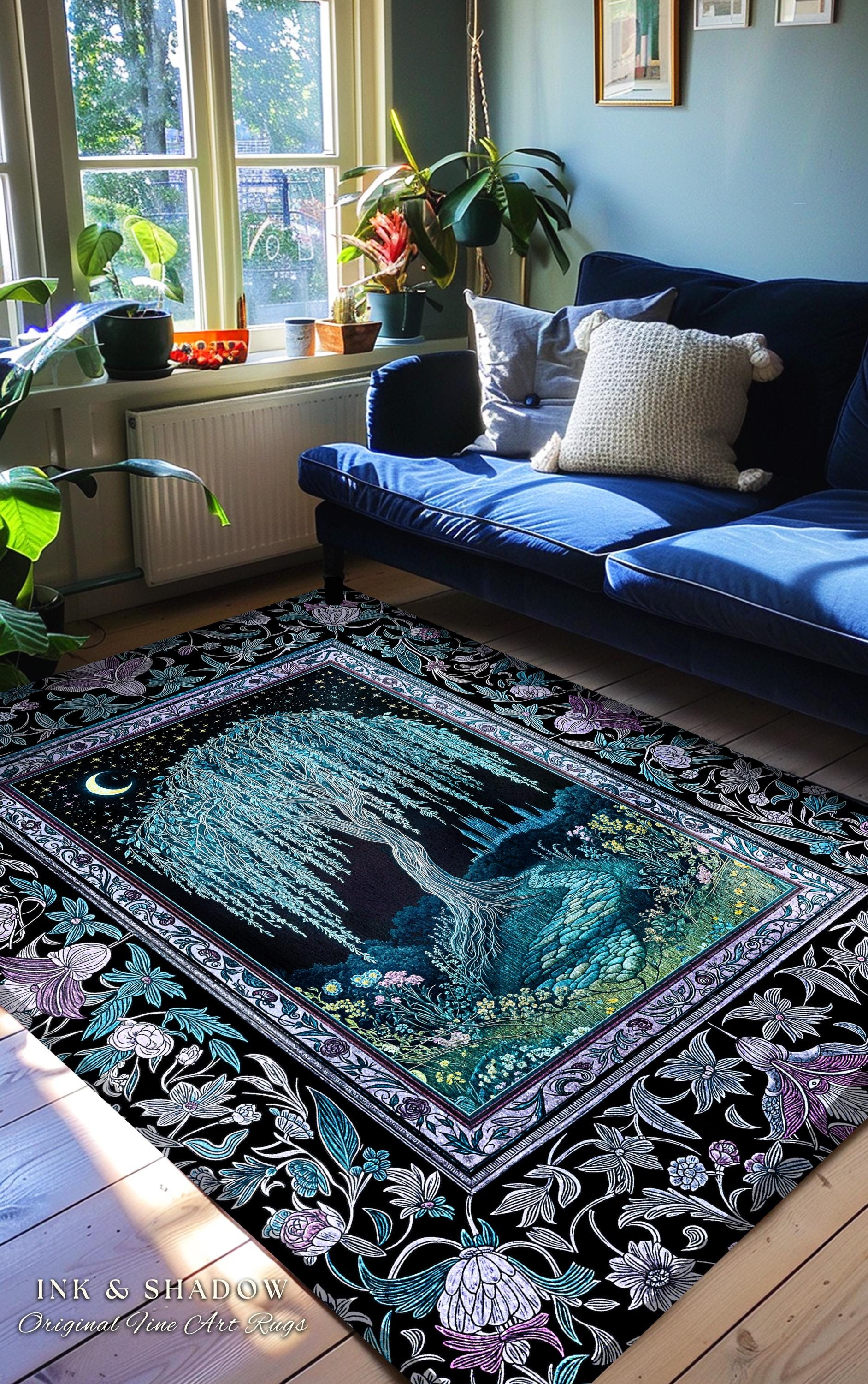 Dreamy Willow Tree Moody Area Rug | Enchanted Aesthetic Celestial Folklore Storybook Decor Witchy Home Accent Dark Academia Medieval Decor |